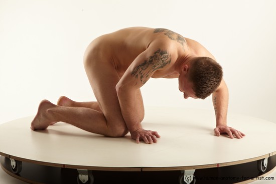 Nude Man White Kneeling poses - ALL Slim Short Brown Kneeling poses - on both knees Realistic