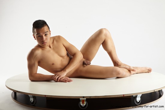 Nude Man Asian Laying poses - ALL Slim Short Laying poses - on side Black Realistic