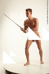 Nude Fighting with sword Man White Athletic Short Blond Realistic