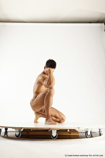 Nude Man White Muscular Short Brown Sitting poses - ALL Sitting poses - on knees Multi angles poses Realistic