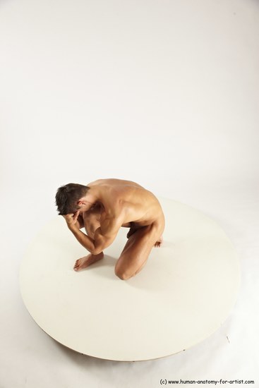 Nude Man White Muscular Short Brown Sitting poses - ALL Sitting poses - on knees Multi angles poses Realistic