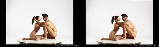 Nude Woman - Man White Muscular Short Brown Sitting poses - ALL Sitting poses - on knees 3D Stereoscopic poses Realistic