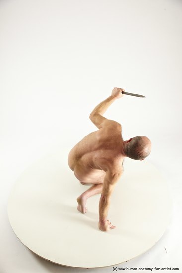 Nude Fighting with knife Man White Slim Short Brown Multi angles poses Realistic