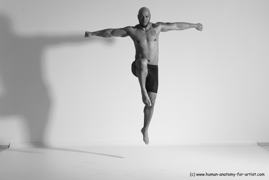 Underwear Gymnastic poses Man Black Muscular Bald Dancing Dynamic poses Academic