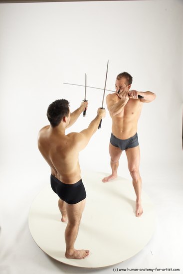 Underwear Fighting with sword Man - Man White Muscular Short Brown Multi angles poses Academic