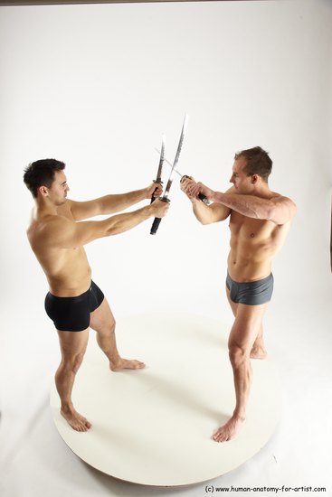 Underwear Fighting with sword Man - Man White Muscular Short Brown Multi angles poses Academic