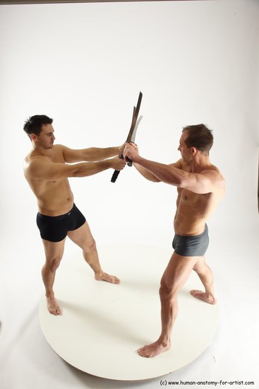 Underwear Fighting with sword Man - Man White Muscular Short Brown Multi angles poses Academic