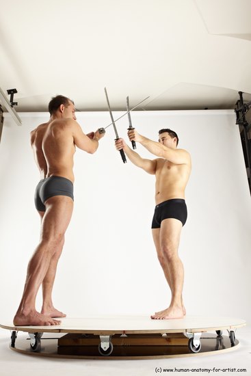 Underwear Fighting with sword Man - Man White Muscular Short Brown Multi angles poses Academic