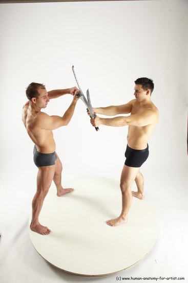 Underwear Fighting with sword Man - Man White Muscular Short Brown Multi angles poses Academic