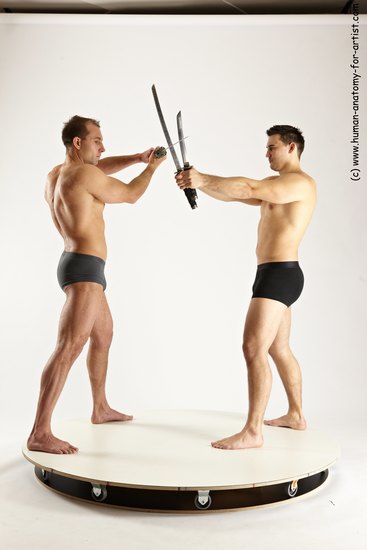 Underwear Fighting with sword Man - Man White Muscular Short Brown Multi angles poses Academic