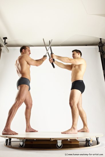 Underwear Fighting with sword Man - Man White Muscular Short Brown Multi angles poses Academic