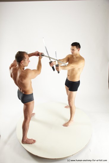 Underwear Fighting with sword Man - Man White Muscular Short Brown Multi angles poses Academic