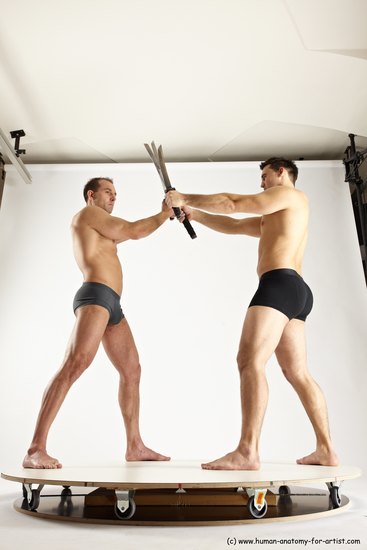 Underwear Fighting with sword Man - Man White Muscular Short Brown Multi angles poses Academic