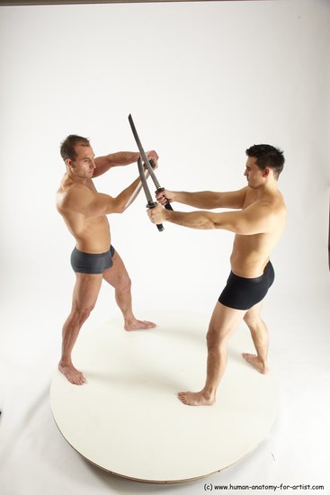 Underwear Fighting with sword Man - Man White Muscular Short Brown Multi angles poses Academic