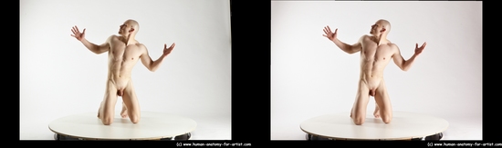 Nude Man White Kneeling poses - ALL Muscular Bald Kneeling poses - on both knees 3D Stereoscopic poses Realistic