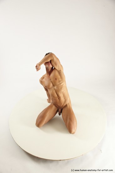 Nude Man White Muscular Short Brown Sitting poses - ALL Sitting poses - on knees Multi angles poses Realistic