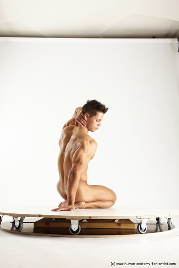 Nude Man White Muscular Short Brown Sitting poses - ALL Sitting poses - on knees Multi angles poses Realistic