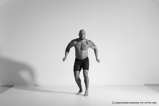 Underwear Gymnastic poses Man Black Muscular Bald Dancing Dynamic poses Academic