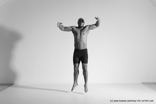 Underwear Gymnastic poses Man Black Muscular Bald Dancing Dynamic poses Academic