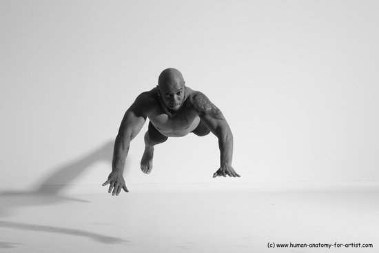 Underwear Gymnastic poses Man Black Muscular Bald Dancing Dynamic poses Academic