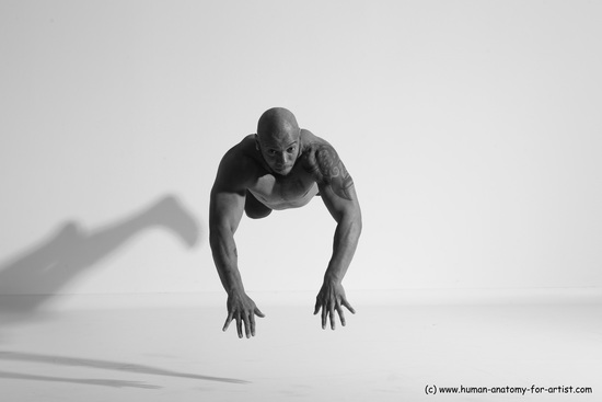 Underwear Gymnastic poses Man Black Muscular Bald Dancing Dynamic poses Academic