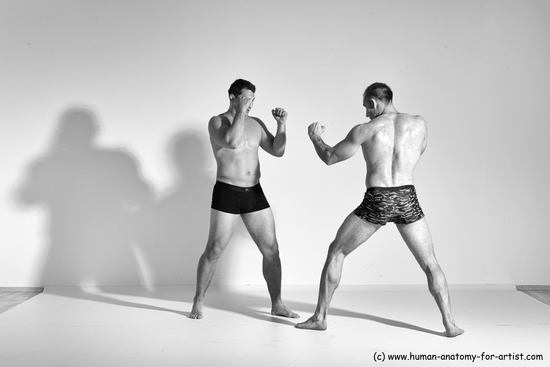 Underwear Fighting Man - Man White Muscular Short Brown Dynamic poses Academic