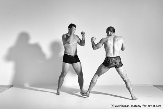 Underwear Fighting Man - Man White Muscular Short Brown Dynamic poses Academic