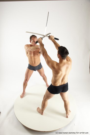 Underwear Fighting with sword Man - Man White Muscular Short Brown Multi angles poses Academic