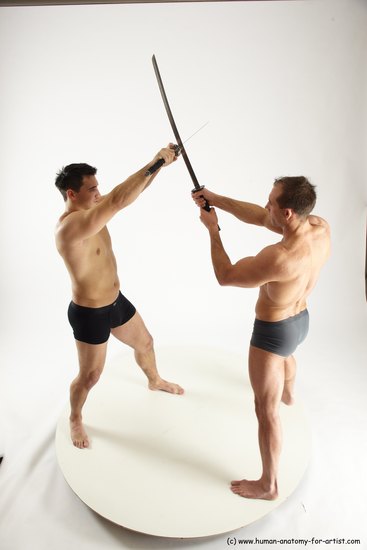 Underwear Fighting with sword Man - Man White Muscular Short Brown Multi angles poses Academic