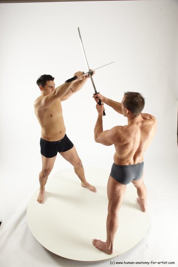 Underwear Fighting with sword Man - Man White Muscular Short Brown Multi angles poses Academic