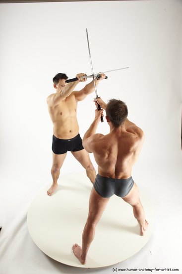 Underwear Fighting with sword Man - Man White Muscular Short Brown Multi angles poses Academic