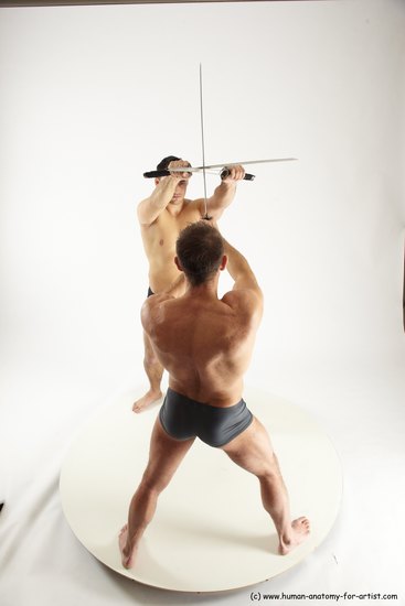 Underwear Fighting with sword Man - Man White Muscular Short Brown Multi angles poses Academic