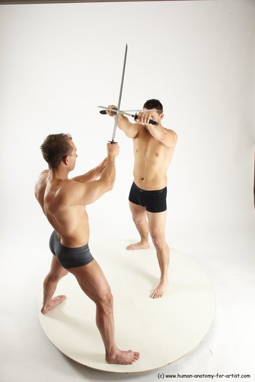 Underwear Fighting with sword Man - Man White Muscular Short Brown Multi angles poses Academic