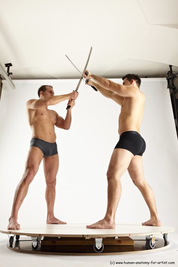 Underwear Fighting with sword Man - Man White Muscular Short Brown Multi angles poses Academic