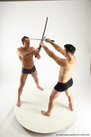 Underwear Fighting with sword Man - Man White Muscular Short Brown Multi angles poses Academic