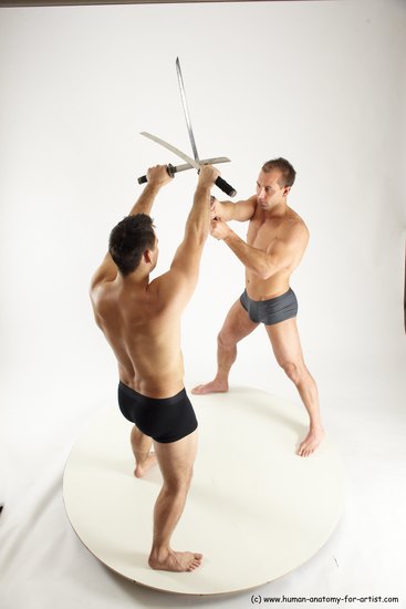 Underwear Fighting with sword Man - Man White Muscular Short Brown Multi angles poses Academic