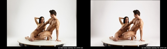 Nude Woman - Man White Muscular Short Brown Sitting poses - ALL Sitting poses - on knees 3D Stereoscopic poses Realistic