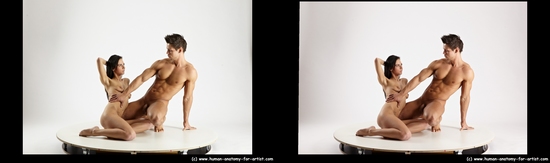 Nude Woman - Man White Muscular Short Brown Sitting poses - ALL Sitting poses - on knees 3D Stereoscopic poses Realistic