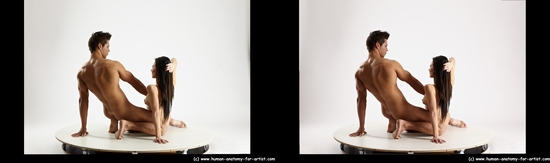 Nude Woman - Man White Muscular Short Brown Sitting poses - ALL Sitting poses - on knees 3D Stereoscopic poses Realistic