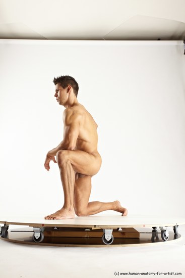 Nude Man White Kneeling poses - ALL Muscular Short Brown Kneeling poses - on one knee Multi angles poses Realistic