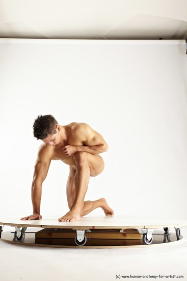 Nude Man White Kneeling poses - ALL Muscular Short Brown Kneeling poses - on one knee Multi angles poses Realistic