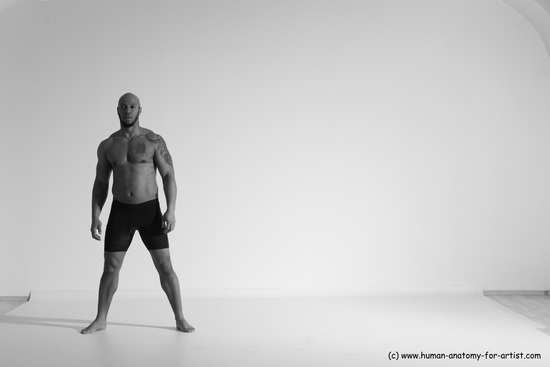 Underwear Gymnastic poses Man Black Muscular Bald Dancing Dynamic poses Academic