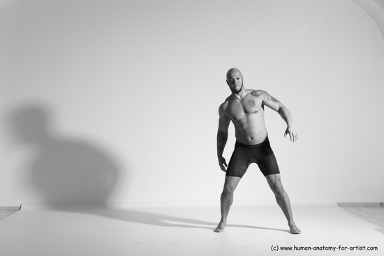 Underwear Gymnastic poses Man Black Muscular Bald Dancing Dynamic poses Academic