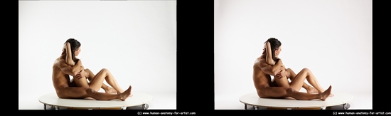 Nude Woman - Man White Sitting poses - simple Muscular Short Brown Sitting poses - ALL 3D Stereoscopic poses Realistic