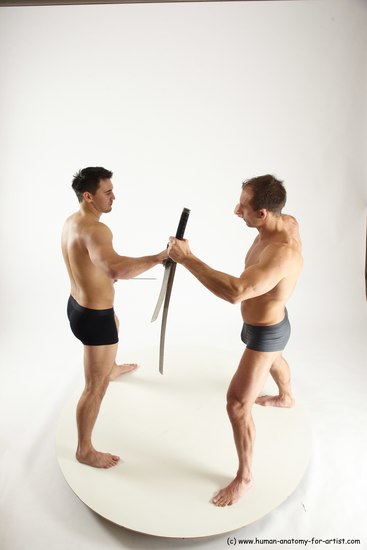 Underwear Fighting with sword Man - Man White Standing poses - ALL Muscular Short Brown Standing poses - simple Multi angles poses Academic