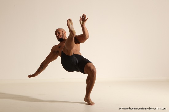 Underwear Gymnastic poses Man Black Muscular Bald Dancing Dynamic poses Academic