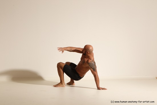 Underwear Gymnastic poses Man Black Muscular Bald Dancing Dynamic poses Academic