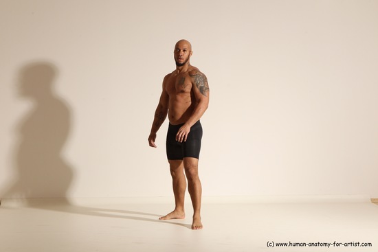 Underwear Gymnastic poses Man Black Muscular Bald Dancing Dynamic poses Academic