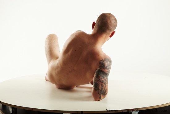 Nude Man White Laying poses - ALL Muscular Bald Laying poses - on side Realistic