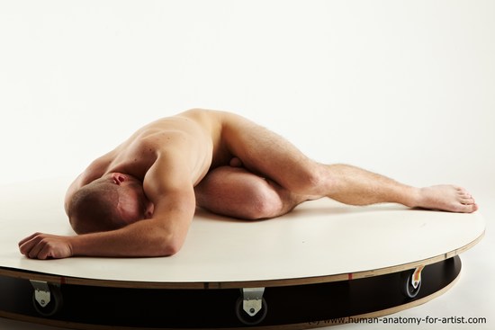 Nude Man White Laying poses - ALL Muscular Bald Laying poses - on side Realistic